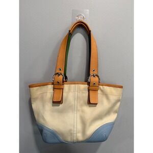 Coach Hampton Canvas Tote Bag Beige Blue Leather Trim Green Lining L3J-4428
